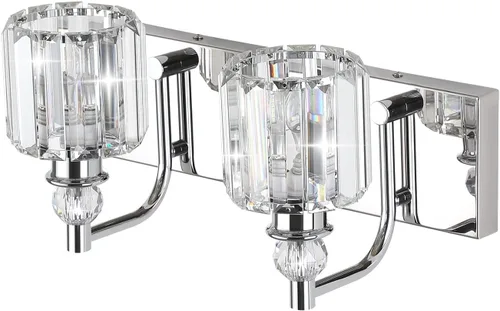 Vista 2 de Ralbay - Luces de tocador de cristal, 2 luces, modernas lámparas de cromo de cristal para iluminación de baño, para usar sobre el espejo
