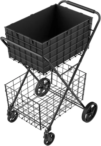 Vista 8 de 【2025𝐍𝐄𝐖】Carrito de compras plegable extra grande de 2 niveles con ruedas, carrito de compras de 400 libras para víveres con 2 cestas extraíbles