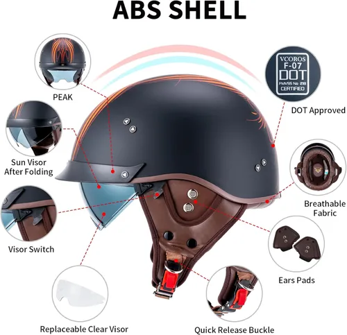 Vista 8 de VCOROS - Medio casco para motocicleta F07 de cara abierta, aprobado por DOT VCOROS Medio casco de motocicleta F07 de cara abierta aprobado por DOT