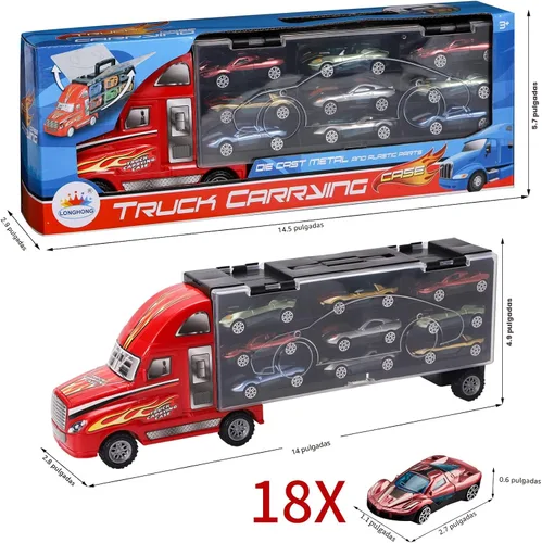 Vista 6 de BoomCaCa - Juego de transporte de camiones de juguete con 18 autos deportivos en juguetes de camiones, juguetes para niños y niñas de 3 a 10 años