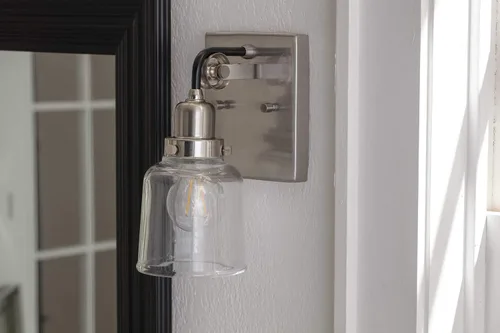 Vista 24 de Progress Lighting Rushton Collection - Lámpara de tocador de baño de cristal transparente (1 lámpara), níquel cepillado