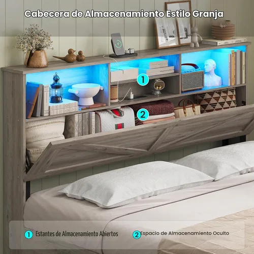 Vista 4 de AOGLLATI - Base de cama de tamaño matrimonial estilo granja con 4 cajones de almacenamiento y estación de carga, base de cama completa de madera