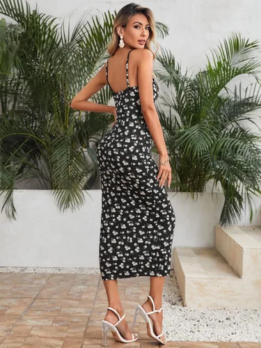 Vista 2 de Floerns Vestido midi sin mangas con estampado floral y cordón frontal para mujer