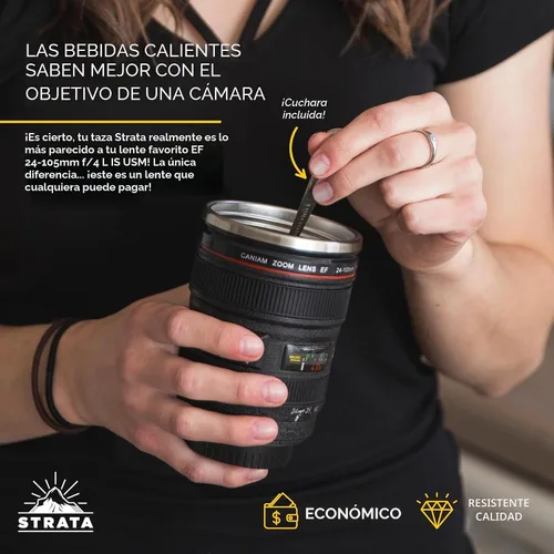 Vista 6 de Taza, diseño de lente de cámara -13.5oz, ¡Súper paquete! (2 tapas de tapas + cuchara), taza portátil para café, de acero inoxidable, sello retráctil