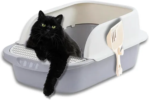Vista 9 de Caja de arena grande para gatos con lados altos, bandeja de arena para gatos grandes con pala y escudo de dispersión, caja de arena de plástico