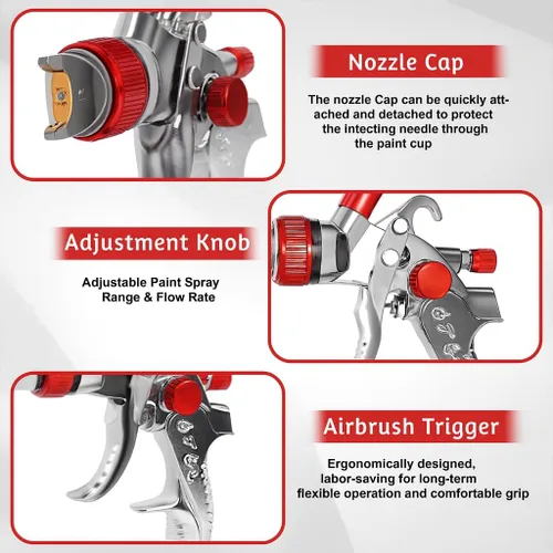 Vista 4 de HVLP - Kit de pistola pulverizadora con 4 boquillas (1.4/1.7/2.0/0.098 in), 10 vasos de pintura desechables de 20.3 fl oz y regulador de presión