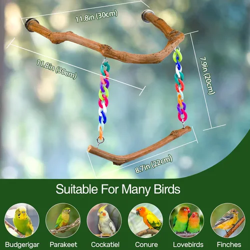 Vista 6 de Juguetes de columpio para pájaros, perca de pie con madera de uva natural, accesorios de jaula de pájaros colgantes en forma de U, juguete
