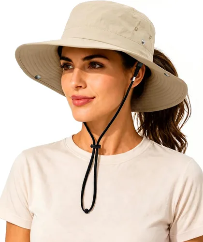 Vista 11 de Sombrero de lluvia impermeable de ala ancha para mujeres y hombres UPF50+ Beige