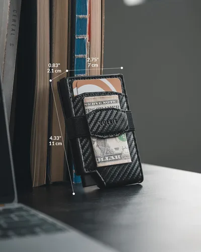 Vista 6 de VULKIT Billetera desplegable para tarjetas con correa de dinero, bolsillo frontal de cuero, con ventana de identificación, bloqueo RFID, funda