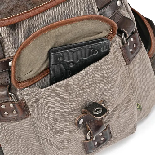 Vista 9 de Mochila de lona Tapa Mochila grande de lona con detalles de cuero genuino Mochila retro para portátil, Gris, Mochila de senderismo