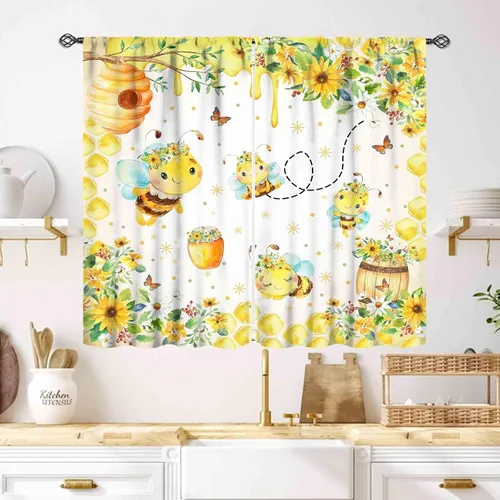 Vista 23 de Cortinas infantiles de abejas, cortinas de campo de primavera de acuarela de girasoles florales de nido de abeja, adorables abejas, cortinas