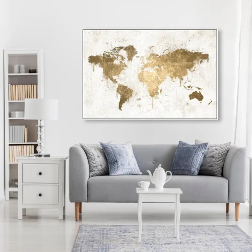 Vista 3 de Mapas y banderas enmarcadas en lienzo con diseño de mapas y banderas de Mapamundi White Gold