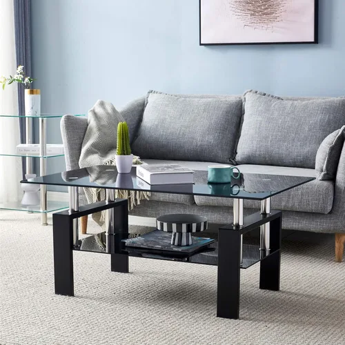 Vista 7 de Mesa de centro rectangular de cristal negro de 43.3 pulgadas, mesa de centro transparente, mesas centrales laterales modernas para sala de estar