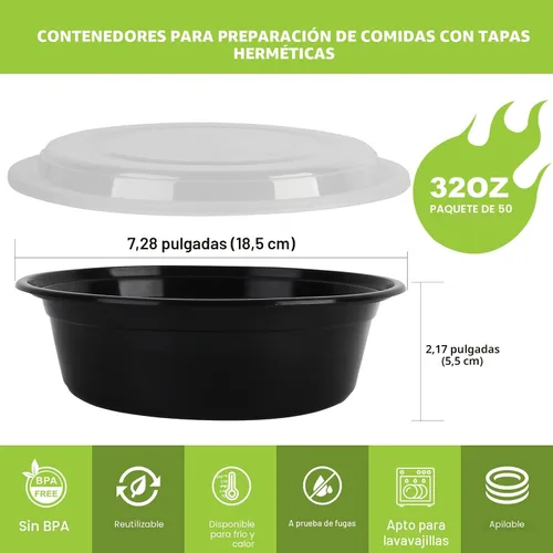 Vista 2 de Recipientes de preparación de comidas con tapas, paquete de 50 tazones de comida de 32 onzas, recipientes redondos para llevar, sin BPA, aptos