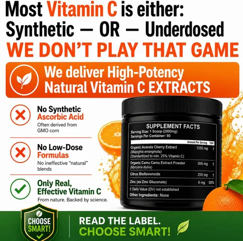 Vista 3 de Vitamina C natural de Acerola Cherry & Camu Camu en polvo, alta absorción con bioflavonoides cítricos, refuerzo del sistema inmunológico y colágeno