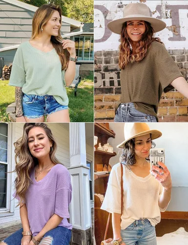 Vista 5 de MEROKEETY - Blusa de media manga con cuello en V, punto gofre y alas de murciélago para mujer, camiseta suelta de color sólido