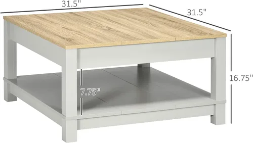 Vista 3 de HOMCOM Mesa auxiliar, mesa central de 2 niveles con estante de almacenamiento y parte superior texturizada de madera, mesa cuadrada para sala