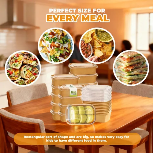 Vista 5 de Kaderron 50 Pack 20 OZ Large Paper Bowls with Lids with Spoons and Forks, Heavy Duty Disposable Meal Prep Containers for Party, Soak-Proof and