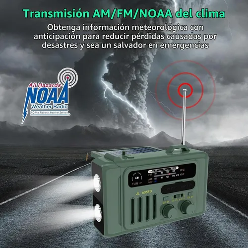 Vista 5 de Radio solar de emergencia con manivela, NOAA/AM/FM con linterna LED y lámpara de lectura, USB tipo C/carga solar/manivela, altavoz Bluetooth, alarma