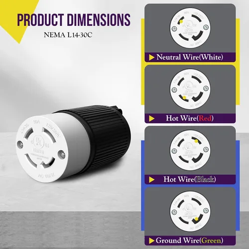 Vista 5 de ENERLITES NEMA L14-30R - Conector de bloqueo para generador, enchufe hembra de bloqueo giratorio, 30 amperios, 125/250 voltios, 3 polos, conexión a