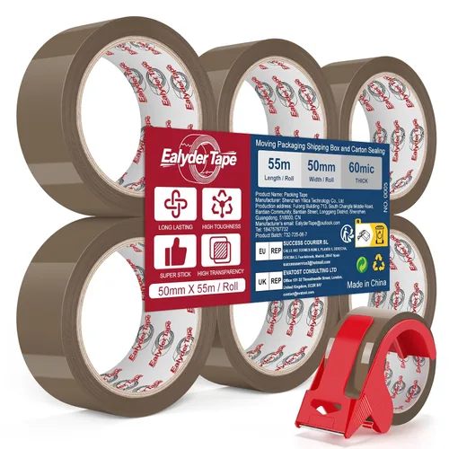 Vista 8 de Cinta de embalaje marrón de 2 pulgadas x 60 yardas, 3 rollos con dispensador - Cinta de sellado de paquetes resistente para envío, mudanza
