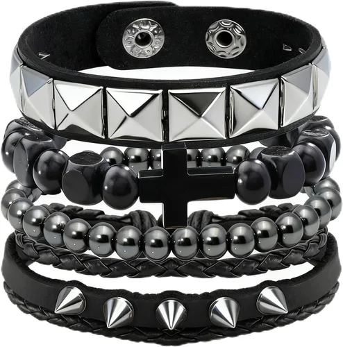Vista 6 de Eigso Juego de pulsera punk de cuero negro para hombres y mujeres clásicas Vintgae tachonadas con picos de los años 80 para hombre y mujer