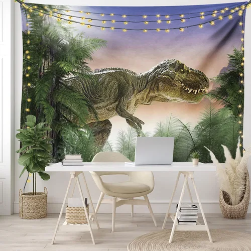 Vista 6 de Ambesonne Tapiz jurásico, dinosaurio en la selva, bosque, naturaleza, bosque, violencia depredadora aterradora, colgante de pared ancho