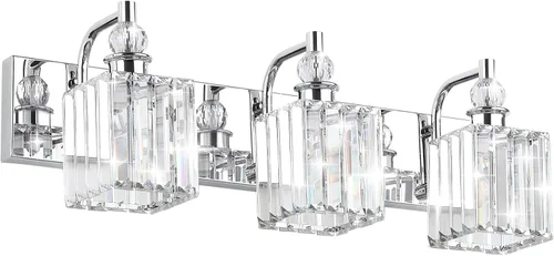 Vista 12 de Ralbay - Luces de tocador de cristal, 2 luces, modernas lámparas de cromo de cristal para iluminación de baño, para usar sobre el espejo