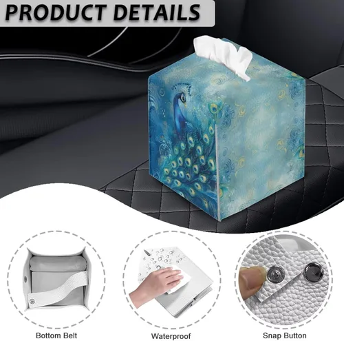 Vista 5 de Caja de pañuelos cuadrada para caja de pañuelos faciales, organizador de servilletas de pavo real, dispensador para dormitorio, oficina, decoración