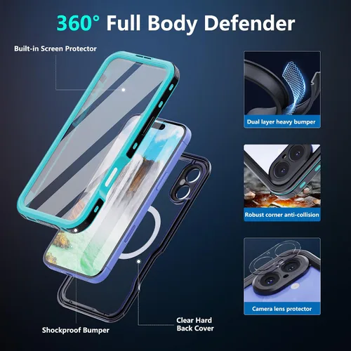 Vista 4 de Funda resistente a prueba de agua para iPhone 16 Plus de 6.7", protector incorporado, negro-verde azulado IP68 6.6FT waterproof, shockproof