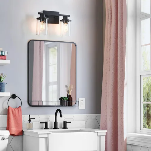 Vista 7 de Accesorios de iluminación de baño, Luz de tocador de baño mate negra de 2 luces, Luces de tocador con base de metal y pantalla de vidrio