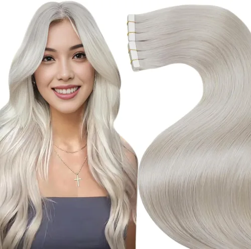 Vista 46 de LaaVoo Extensiones adhesivas de cabello humano real, color negro azabache, extensiones de cabello humano liso y sedoso, 10 pulgadas, 20
