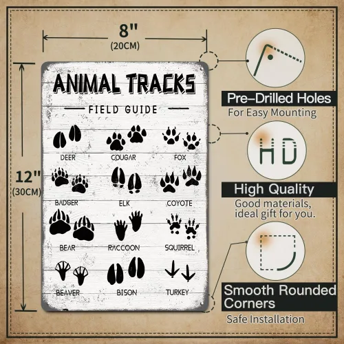 Vista 2 de Animal Tracks - Letrero de metal con guía de campo, arte de pared, cabaña de troncos, bosque, caza, guardería de niños, decoración rústica para casa