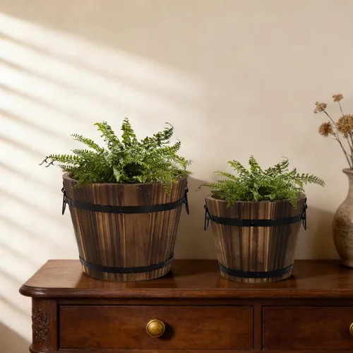 Vista 7 de Macetas pequeñas de madera con forma de barril, 6.3 pulgadas + 5.3 pulgadas, macetas rústicas de flores con agujeros de drenaje para decoración
