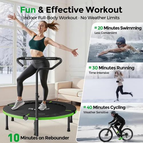 Vista 5 de BCAN 40"/38" Foldable Mini Trampoline, Rebounder Trampoline for Adults, U/T Adjustable Foam Handle, Exercise Rebounder for Adults Indoor/Garden