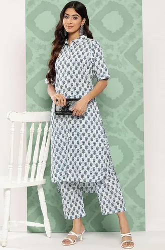 Vista 3 de Janasya Conjunto de pantalón Kurta de manga corta con cuello de camisa casual de verano con estampado floral de algodón blanco para mujer