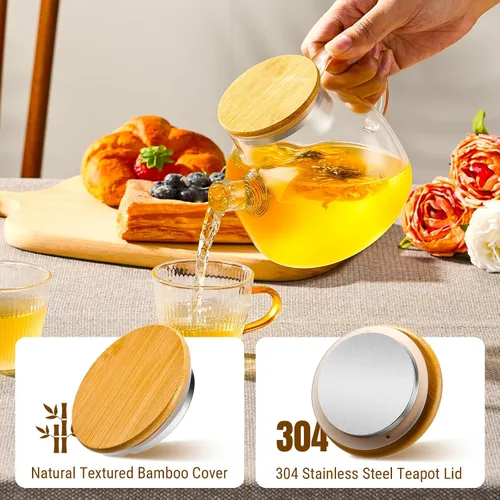 Vista 3 de PARACITY Tetera de vidrio para estufa de 600 ml/20 oz, hervidor de té transparente de borosilicato con tapa de bambú, tetera de vidrio con pico
