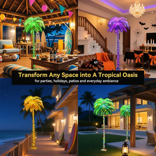 Vista 7 de Ledido - Palmera artificial iluminada de 5 pies, colorida con 3 cocos, 144 luces LED, para exteriores, con control remoto, impermeable, regulable