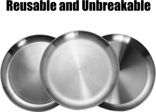 Vista 9 de CAMBUY Juego de platos de acero inoxidable de 10 pulgadas, platos de metal ligeros irrompibles para cena, no tóxicos, aptos para lavavajillas, sin