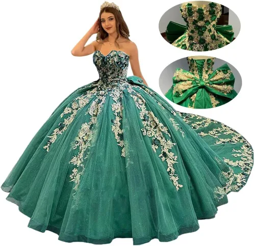 Vista 6 de Mouccy Vestidos de quinceañera de encaje de lujo sin tirantes con cuentas hinchadas vestidos largos de baile con tren 3D floral dulce 16 vestidos