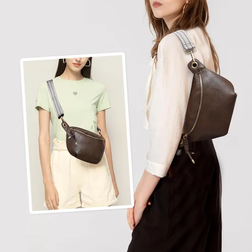 Vista 2 de Riñoneras para mujer, bolsos cruzados de moda, bolsos de pecho, bolso de cinturón con 2 correas ajustables, Marrón oscuro, Classic