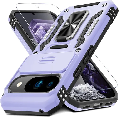 Vista 53 de DEERLAMN Funda para Google Pixel 8 con cubierta deslizante para cámara + protector de pantalla (1 paquete), soporte de anillo giratorio grado