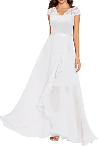 Vista 4 de Daisyaner Vestido largo formal de encaje floral para mujer, con cuello en V, vestido elegante para fiesta de noche, vestido de graduación
