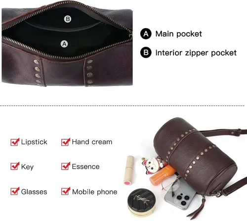 Vista 6 de Bolsos cruzados de cuero genuino para mujer, bolso cruzado bohemio con tachuelas, bolso de hombro pequeño para teléfono y cartera