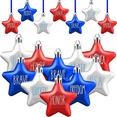 Vista 8 de Honoson 24 adornos colgantes del 4 de julio, decoración patriótica de árbol de estrella, adorno colgante para el día de los Caídos, rojo, azul