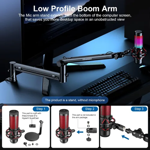 Vista 2 de Brazo de Micrófono, Aokeo AK-58 - Soporte de Brazo de Micrófono de Escritorio de Bajo Perfil Ajustable, Adecuado para Blue Yeti, Snowball iCE