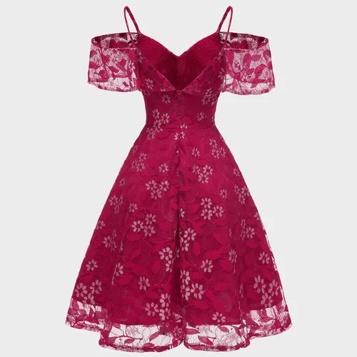 Vista 3 de Women's Cold Shoulder Dresses Floral Lace Pleated Dress Ruffle Sleeve Knee Length Dresses Formal Evening Party Prom Gown