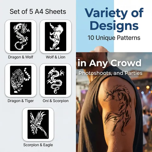 Vista 10 de 10 plantillas de tatuaje temporales de patrones grandes, 5 hojas tamaño A4, kit de plantillas de tatuaje tribal, plantillas profesionales de 3 capas