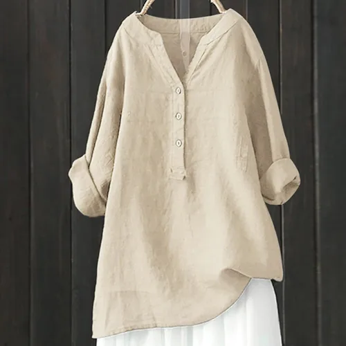 Vista 4 de Blusa de moda con botones para mujer, ajuste holgado, de manga larga, casual, de algodón y lino, 2023