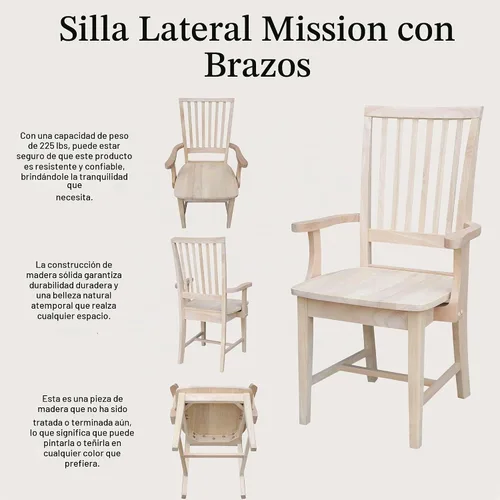 Vista 6 de IC International Concepts Mission - Silla con brazos, madera maciza, sin terminar